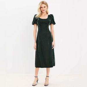 Green Velvet Puff Sleeve Midi Dress from Loft